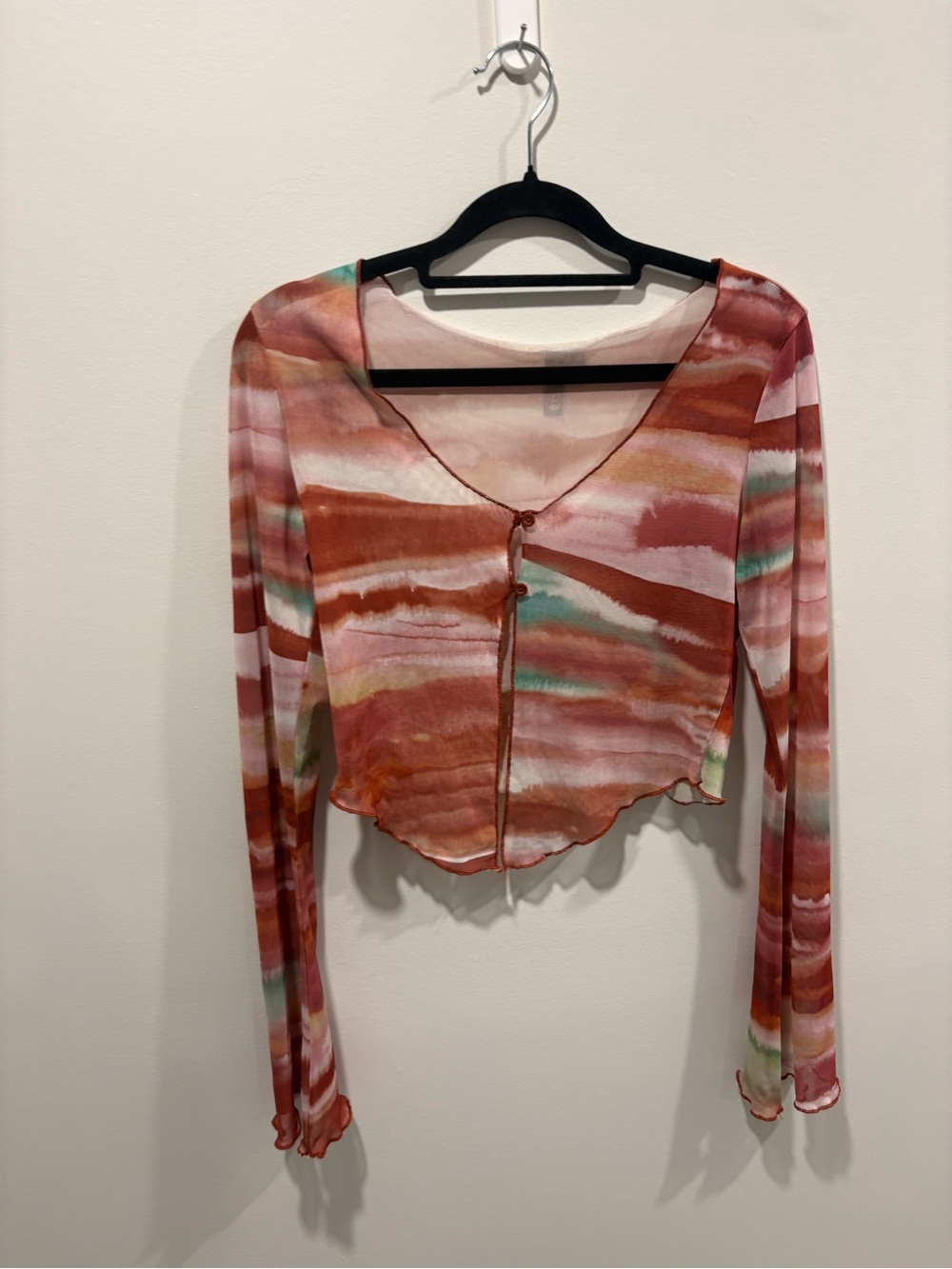 Striped Watercolor Long-Sleeve Crop Top - Rust Pink